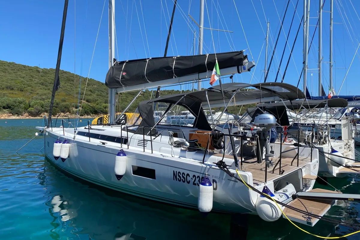 Exterior view of Saetta, a Beneteau First 44 sailboat at Olbia, Italy