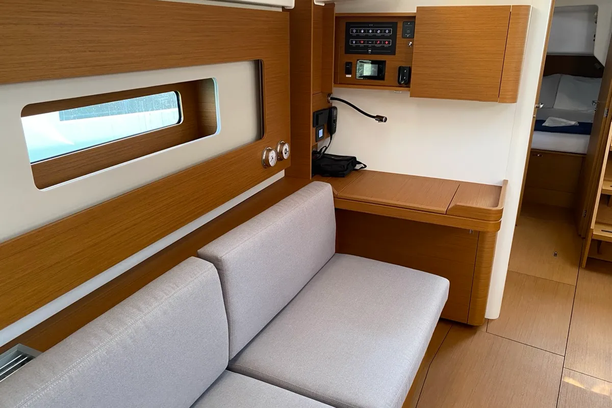 Salon of Saetta, a Beneteau First 44 sailboat at Olbia, Italy