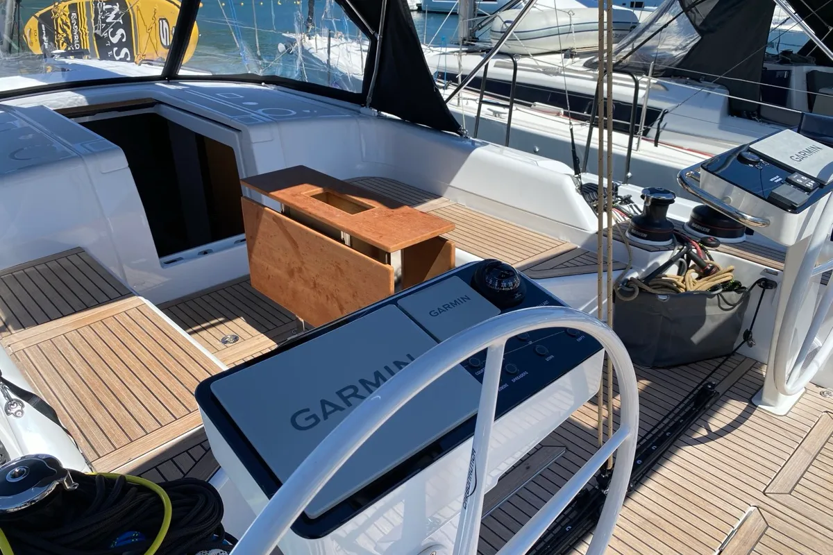 Cockpit of Saetta, a Beneteau First 44 sailboat at Olbia, Italy