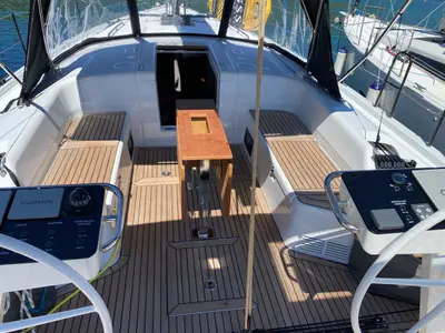 Cockpit of Saetta, a Beneteau First 44 sailboat at Olbia, Italy