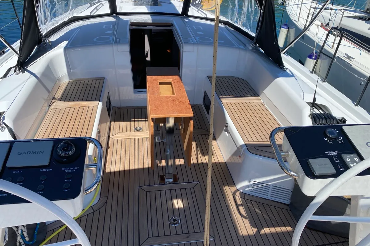 Cockpit of Saetta, a Beneteau First 44 sailboat at Olbia, Italy