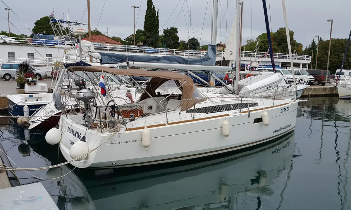 Exterior view of Glasswing, a Jeanneau Sun Odyssey 349 sailboat at Zadar, Croatia