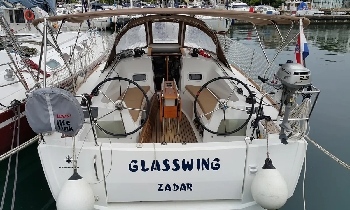 Cockpit of Glasswing, a Jeanneau Sun Odyssey 349 sailboat at Zadar, Croatia