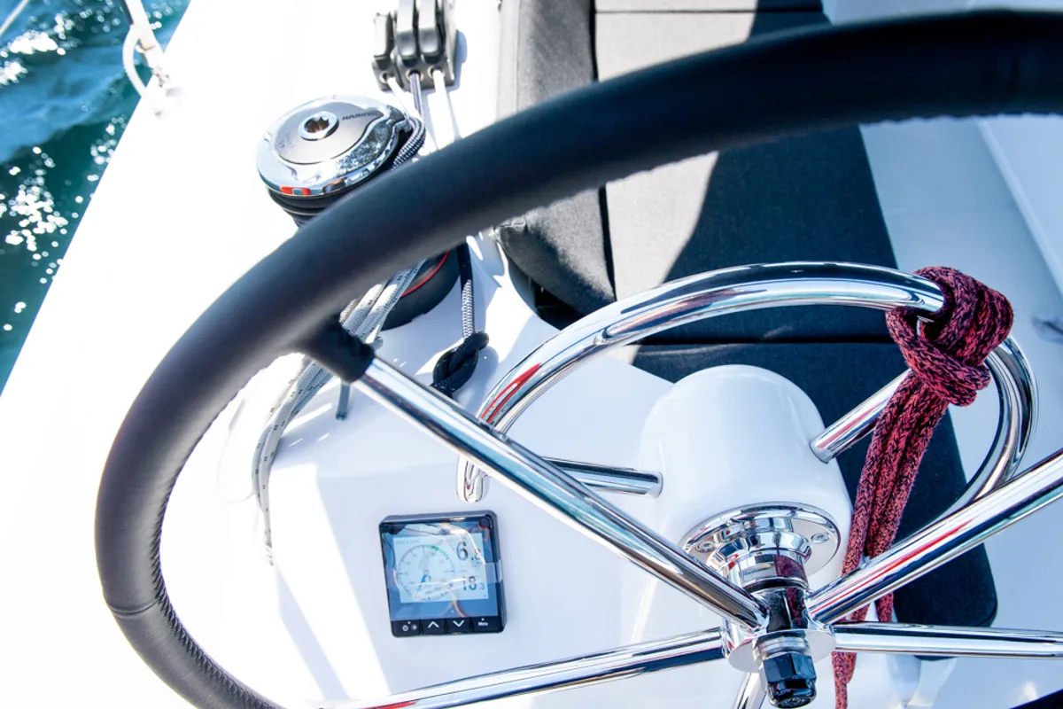 Cockpit of Marianna, a Jeanneau Sun Odyssey 410 sailboat at Kontokali, Greece