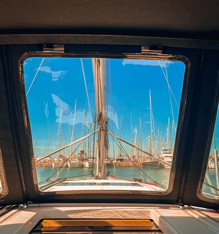 Deck of Marianna, a Jeanneau Sun Odyssey 410 sailboat at Kontokali, Greece