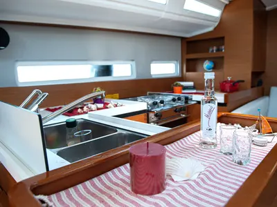 Galley of Marianna, a Jeanneau Sun Odyssey 410 sailboat at Kontokali, Greece