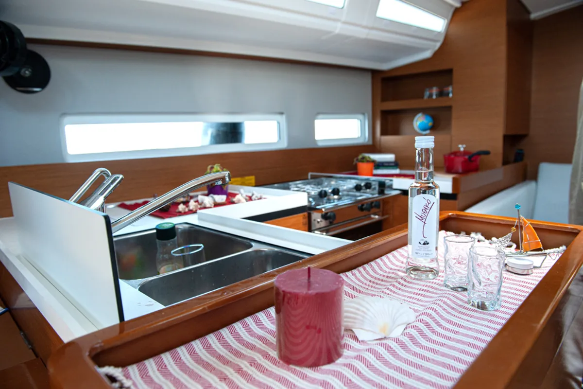 Galley of Marianna, a Jeanneau Sun Odyssey 410 sailboat at Kontokali, Greece