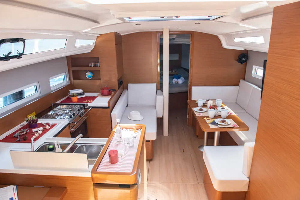 Salon of Marianna, a Jeanneau Sun Odyssey 410 sailboat at Kontokali, Greece