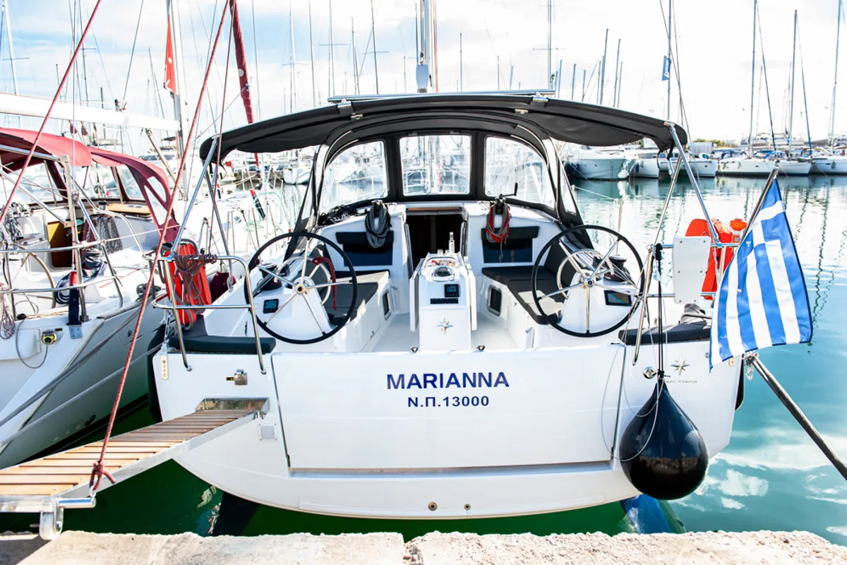 Exterior view of Marianna, a Jeanneau Sun Odyssey 410 sailboat at Kontokali, Greece