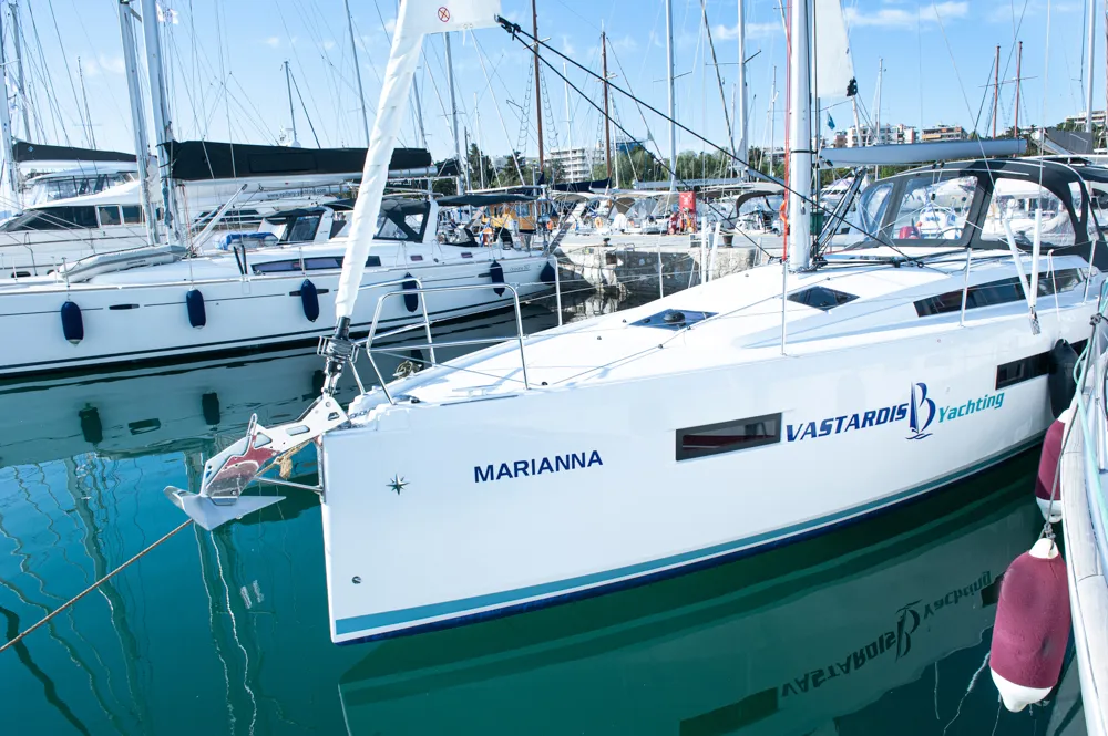 Exterior view of Marianna, a Jeanneau Sun Odyssey 410 sailboat at Kontokali, Greece