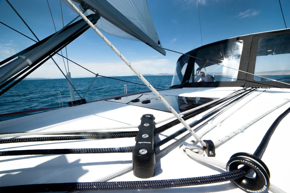 Deck of Marianna, a Jeanneau Sun Odyssey 410 sailboat at Kontokali, Greece