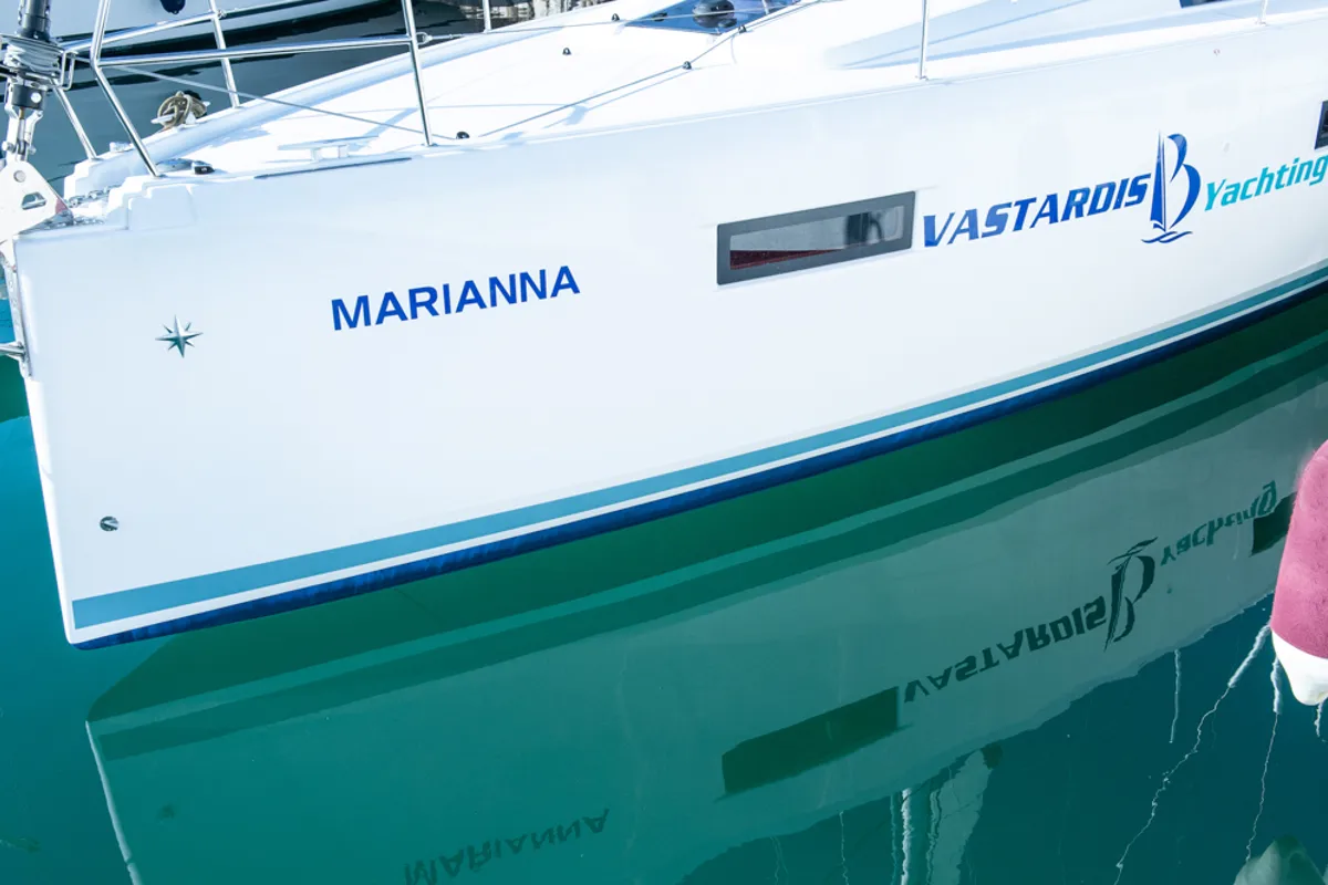 Exterior view of Marianna, a Jeanneau Sun Odyssey 410 sailboat at Kontokali, Greece