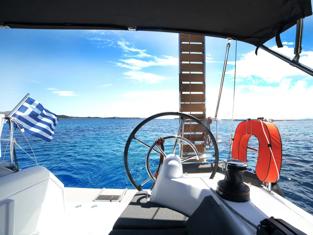 Cockpit of Marianna, a Jeanneau Sun Odyssey 410 sailboat at Kontokali, Greece