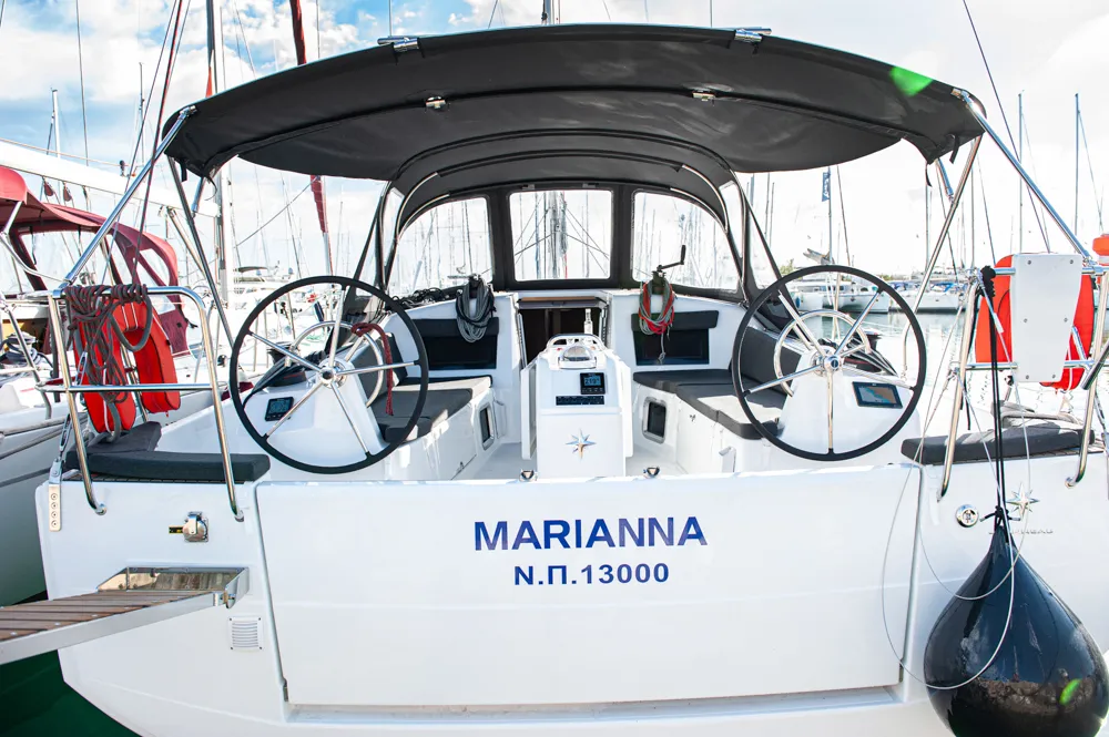 Cockpit of Marianna, a Jeanneau Sun Odyssey 410 sailboat at Kontokali, Greece
