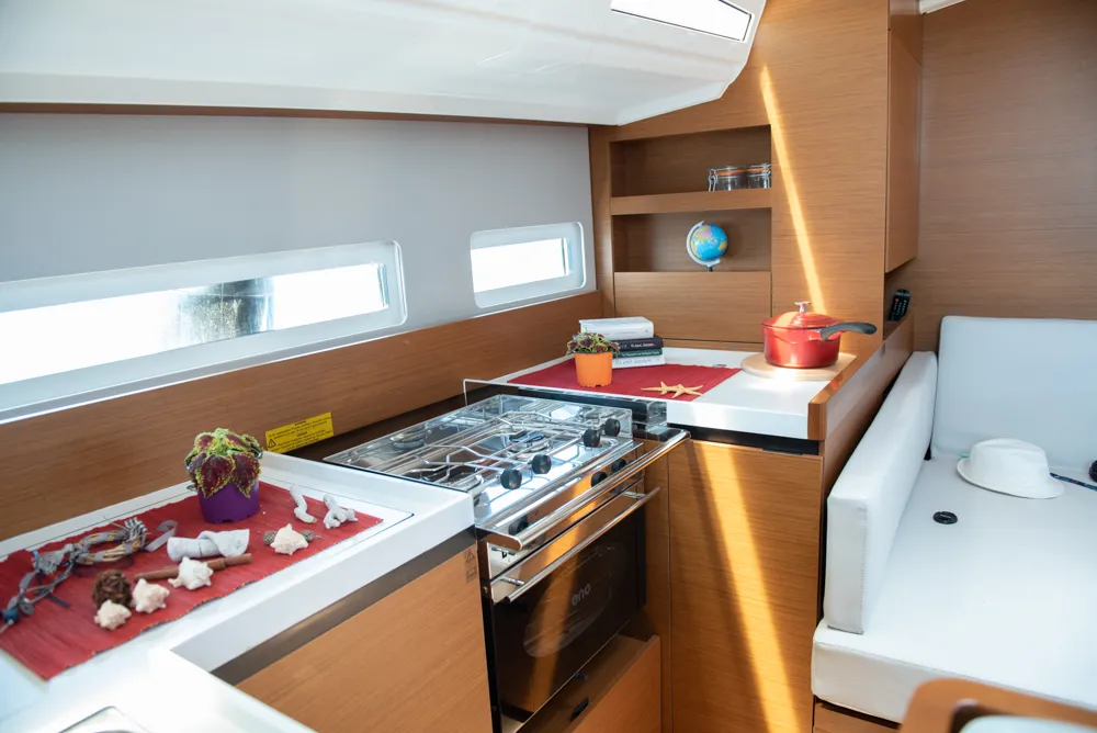 Galley of Marianna, a Jeanneau Sun Odyssey 410 sailboat at Kontokali, Greece