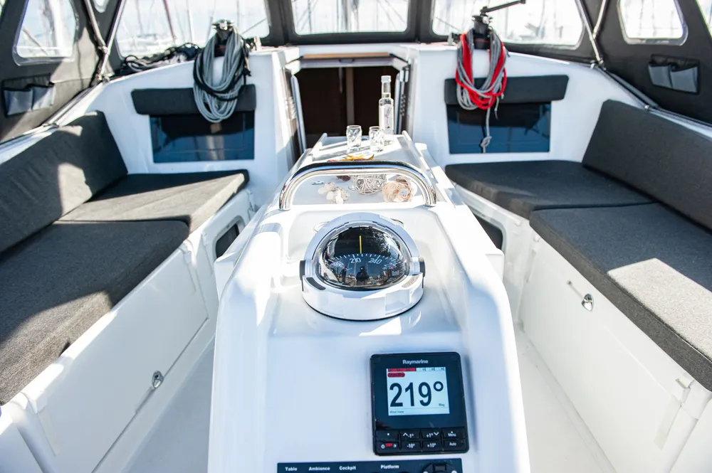 Cockpit of Marianna, a Jeanneau Sun Odyssey 410 sailboat at Kontokali, Greece