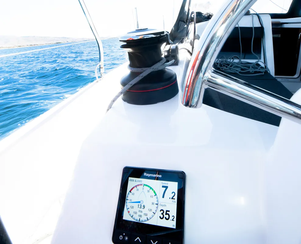 Cockpit of Marianna, a Jeanneau Sun Odyssey 410 sailboat at Kontokali, Greece