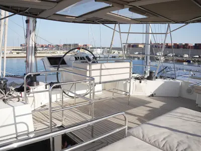 Cockpit of Balthazar, a Lagoon 560 catamaran at Olbia, Italy