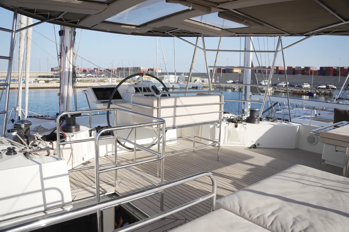 Cockpit of Balthazar, a Lagoon 560 catamaran at Olbia, Italy