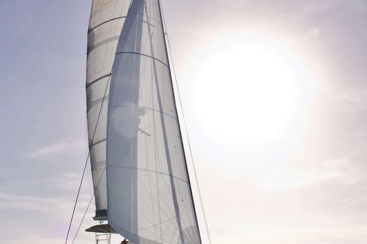 Exterior view of Balthazar, a Lagoon 560 catamaran at Olbia, Italy