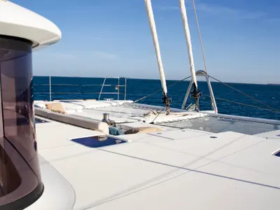 Deck of Balthazar, a Lagoon 560 catamaran at Olbia, Italy