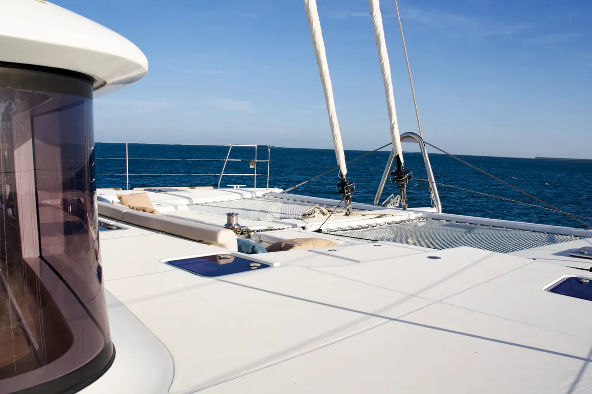 Deck of Balthazar, a Lagoon 560 catamaran at Olbia, Italy