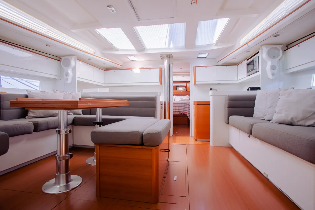 Salon of Balthazar, a Lagoon 560 catamaran at Olbia, Italy
