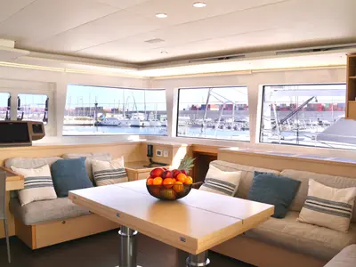 Salon of Balthazar, a Lagoon 560 catamaran at Olbia, Italy