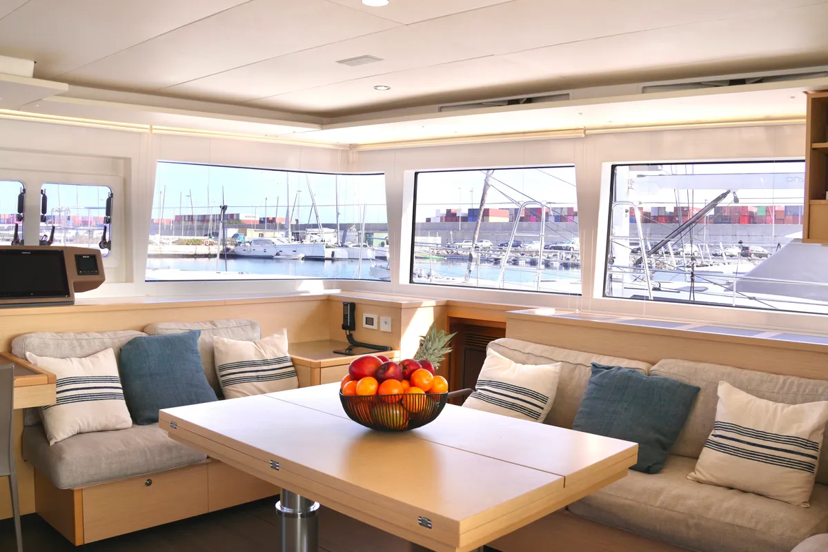 Salon of Balthazar, a Lagoon 560 catamaran at Olbia, Italy