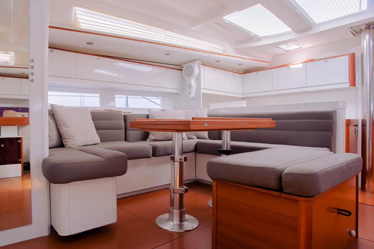 Salon of Balthazar, a Lagoon 560 catamaran at Olbia, Italy