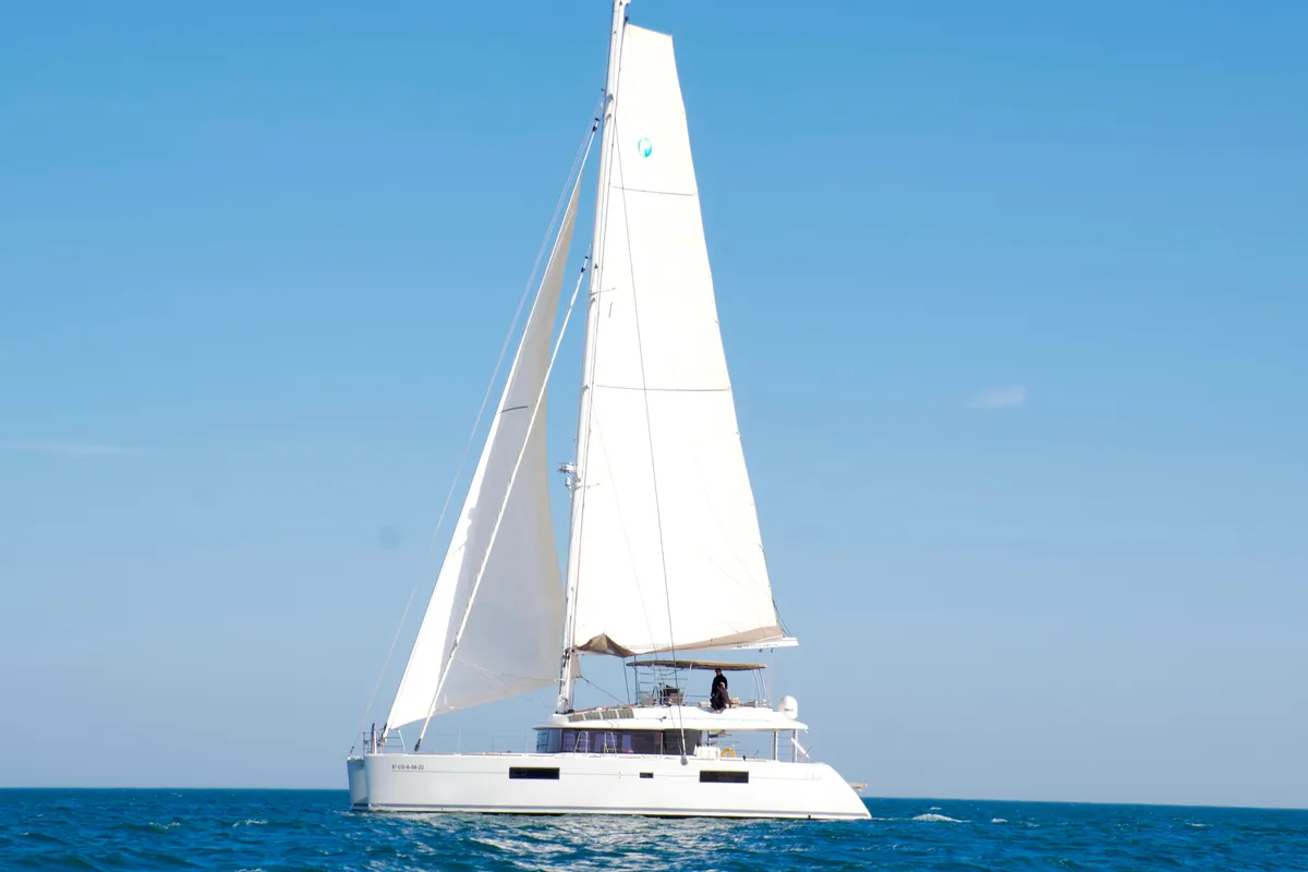 Exterior view of Balthazar, a Lagoon 560 catamaran at Olbia, Italy