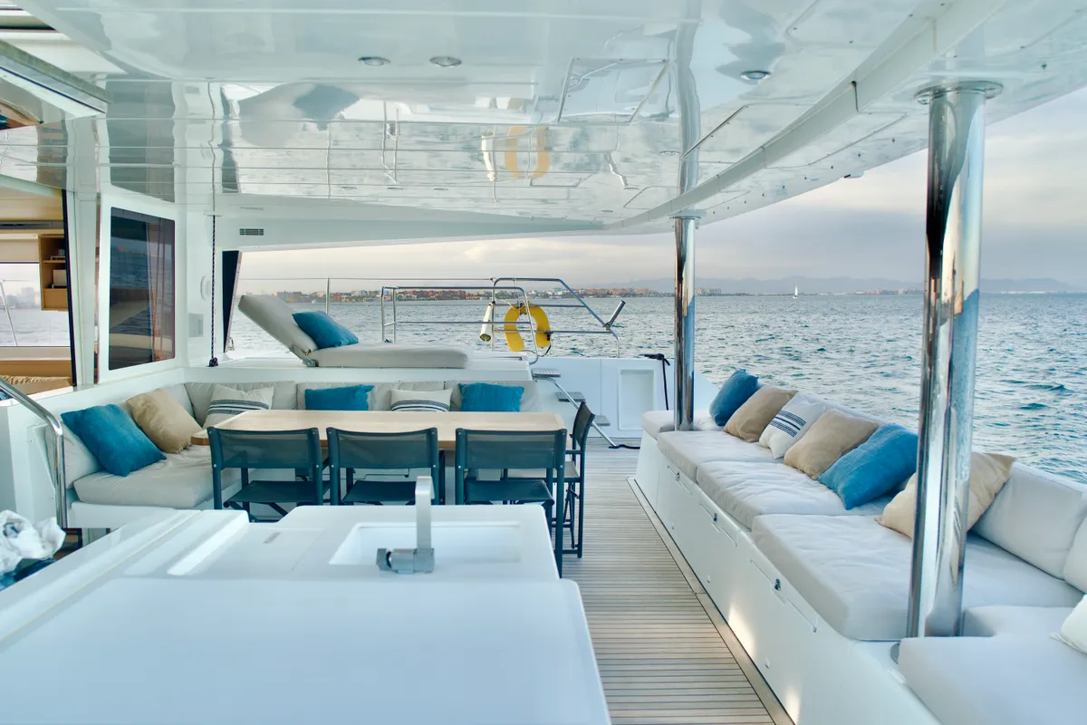 Deck of Balthazar, a Lagoon 560 catamaran at Olbia, Italy