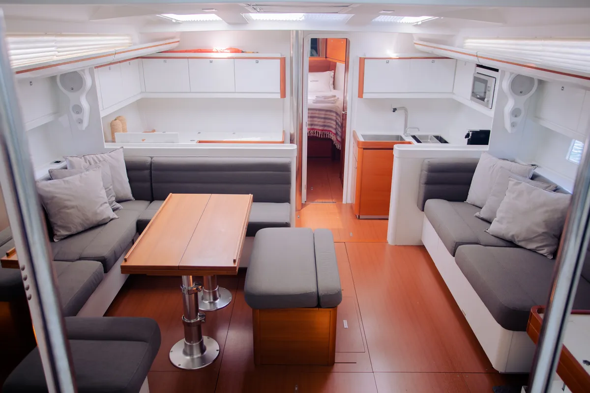 Salon of Balthazar, a Lagoon 560 catamaran at Olbia, Italy