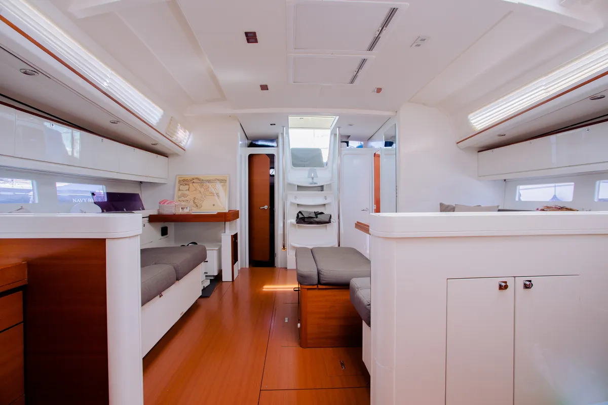 Salon of Balthazar, a Lagoon 560 catamaran at Olbia, Italy