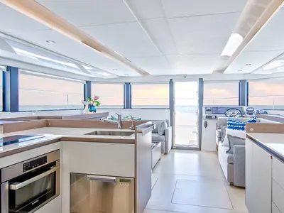 Salon of Leopard 46PC, a catamaran at Nassau, Bahamas