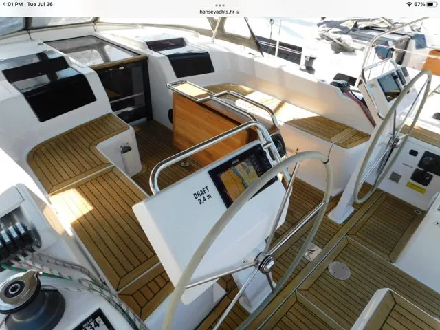 Cockpit of Jenny, a Hanse 455 sailboat at Punat, Croatia