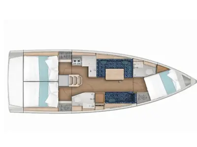 Floor plan of Sunsail 38.0 Premium, a Jeanneau Sun Odyssey 380 sailboat at Municipal Unit of Lefkada, Greece
