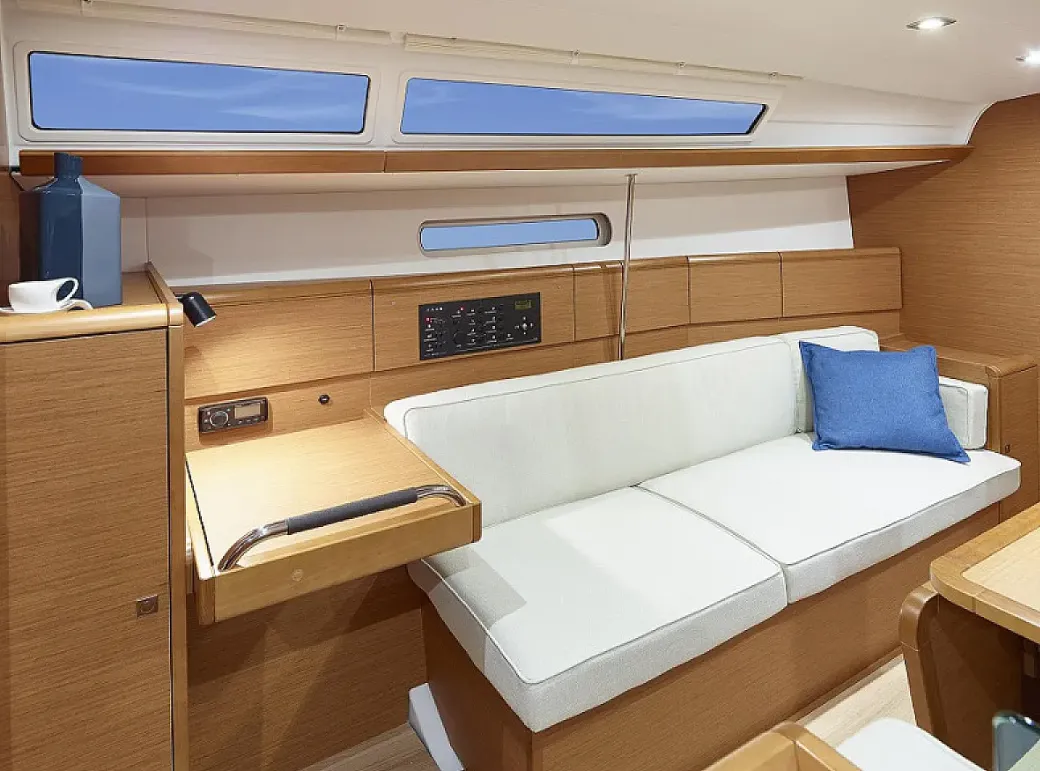 Salon of Sunsail 38.0 Premium, a Jeanneau Sun Odyssey 380 sailboat at Municipal Unit of Lefkada, Greece