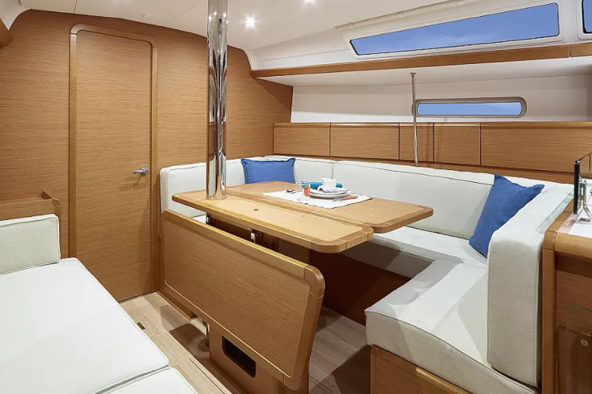 Salon of Sunsail 38.0 Premium, a Jeanneau Sun Odyssey 380 sailboat at Municipal Unit of Lefkada, Greece