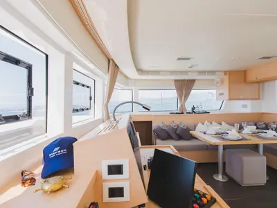 Cockpit of Blue Moon, a Lagoon 52 F catamaran at Pa Khlok, Thailand