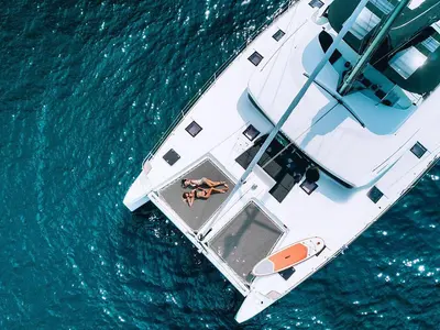 Deck of Blue Moon, a Lagoon 52 F catamaran at Pa Khlok, Thailand
