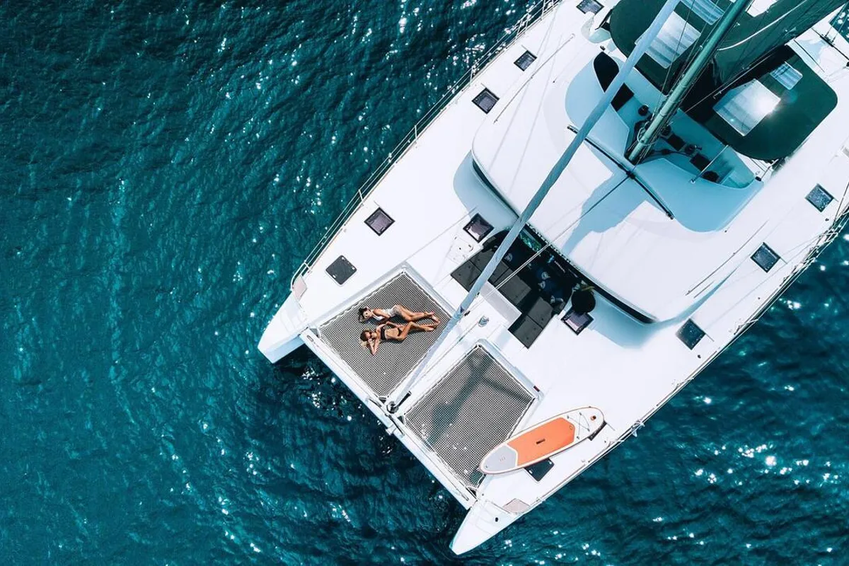 Deck of Blue Moon, a Lagoon 52 F catamaran at Pa Khlok, Thailand