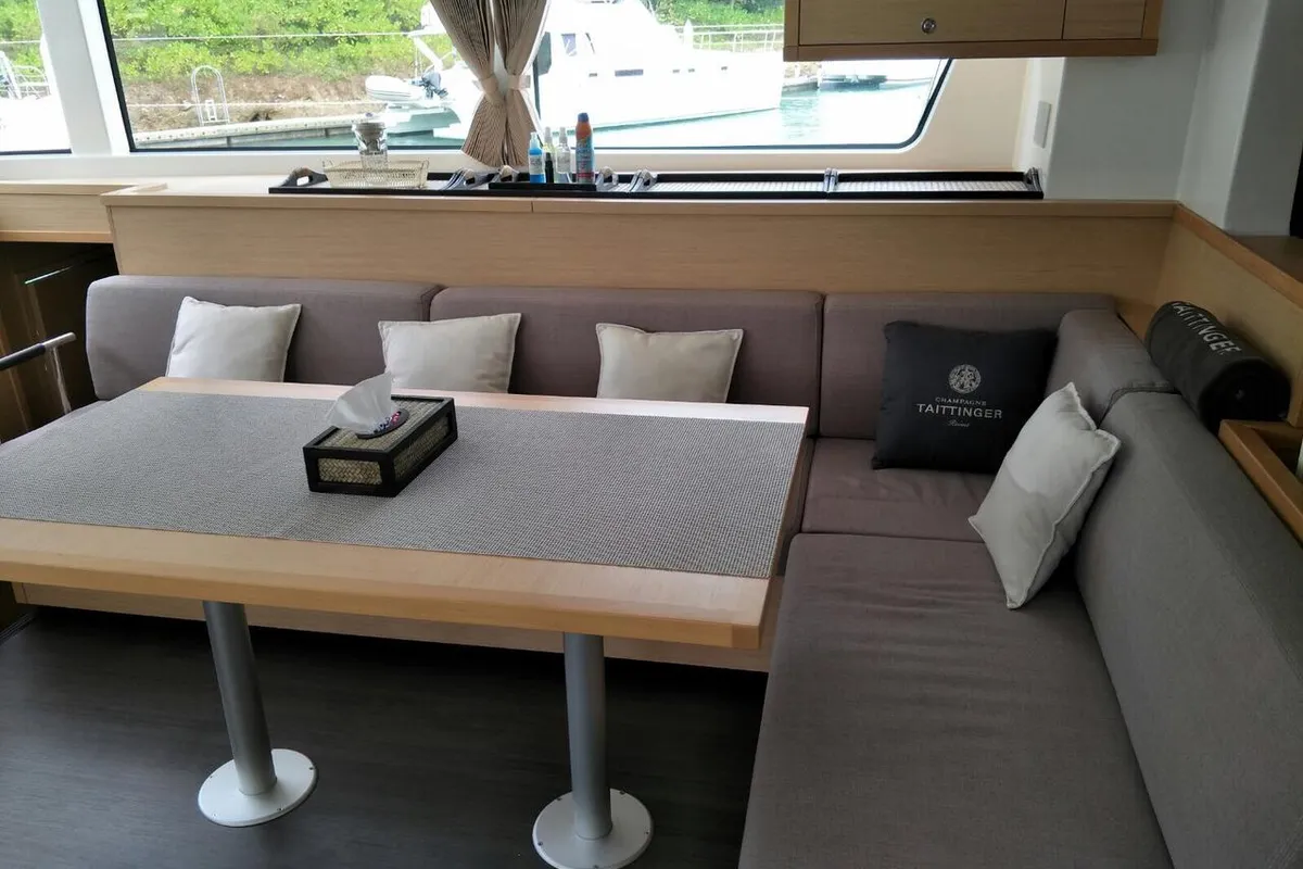Salon of Blue Moon, a Lagoon 52 F catamaran at Pa Khlok, Thailand
