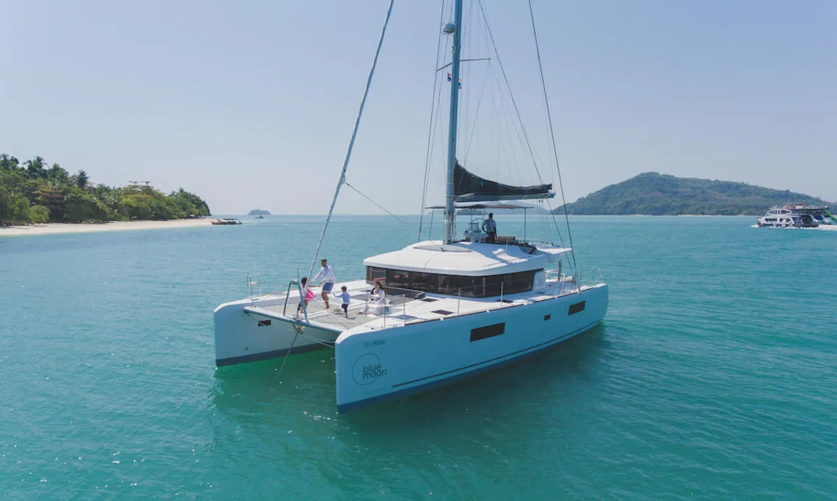 Exterior view of Blue Moon, a Lagoon 52 F catamaran at Pa Khlok, Thailand