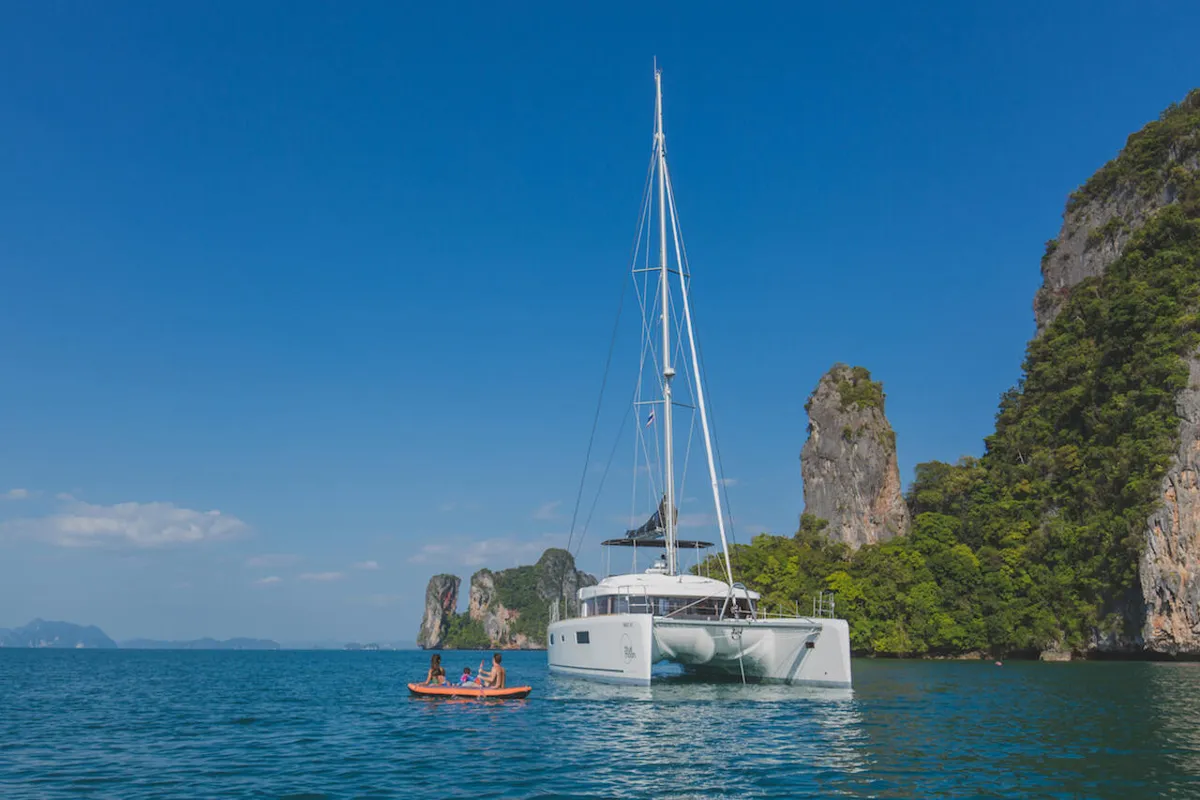 Exterior view of Blue Moon, a Lagoon 52 F catamaran at Pa Khlok, Thailand