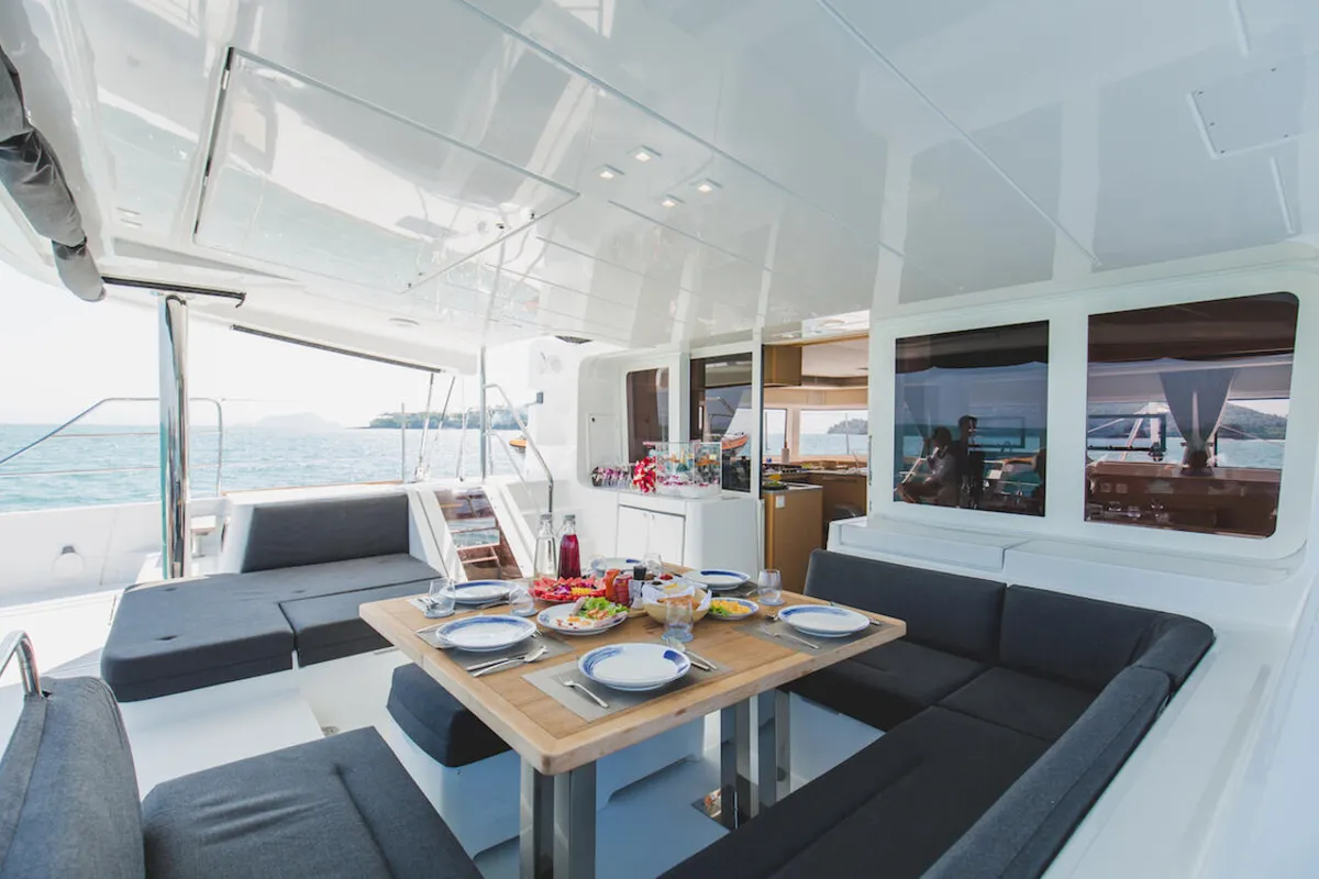 Deck of Blue Moon, a Lagoon 52 F catamaran at Pa Khlok, Thailand