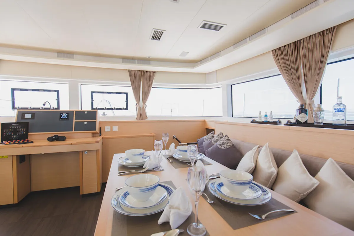 Salon of Blue Moon, a Lagoon 52 F catamaran at Pa Khlok, Thailand