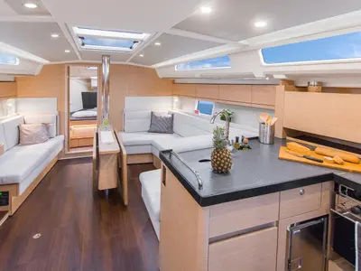 Salon of Dafne, a Hanse 418 sailboat at Marmaris, Turkey