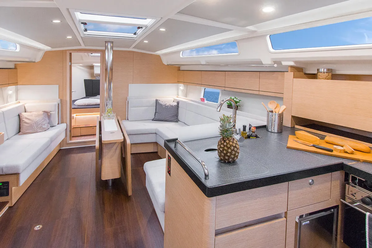Salon of Dafne, a Hanse 418 sailboat at Marmaris, Turkey