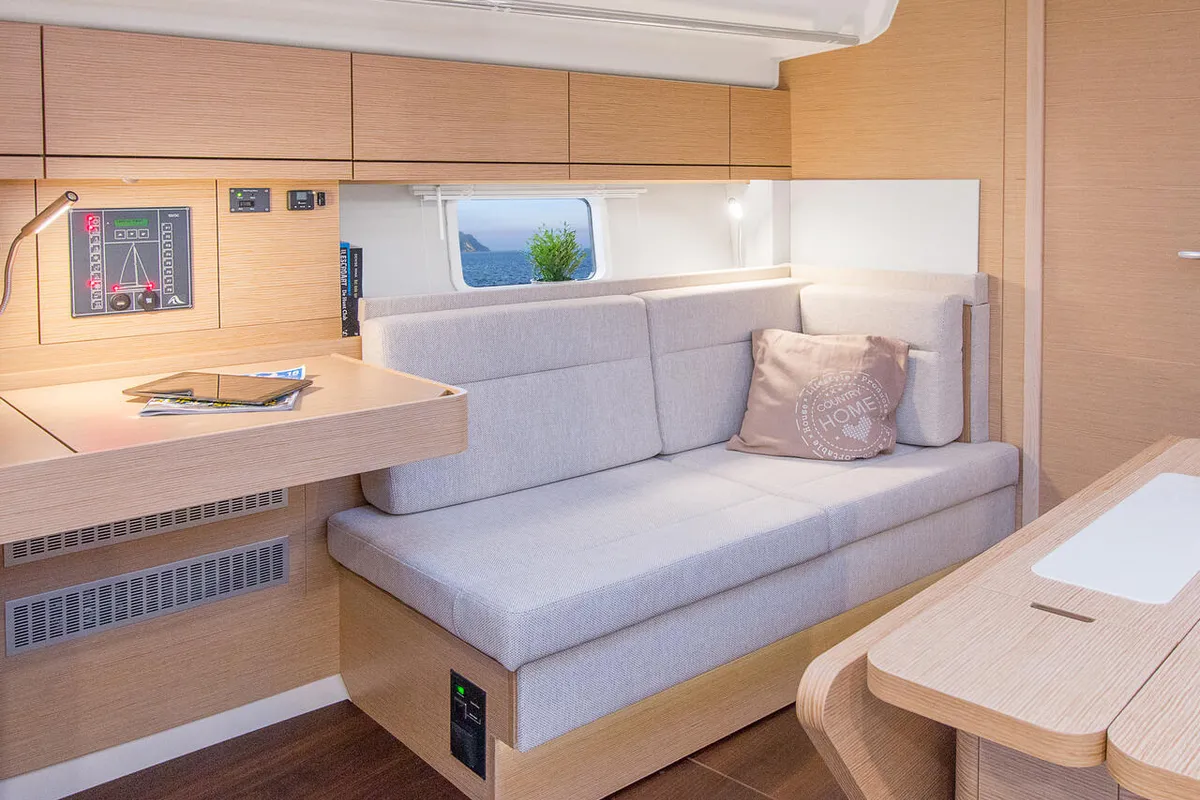 Salon of Dafne, a Hanse 418 sailboat at Marmaris, Turkey